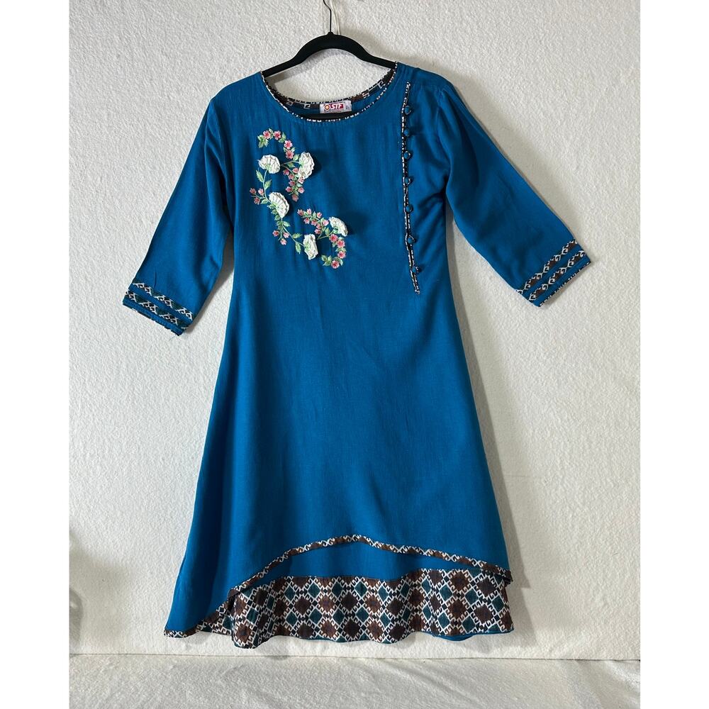 Boho Cotton Dress w/ Buttons Embroidered Flowers & Ikat S XL